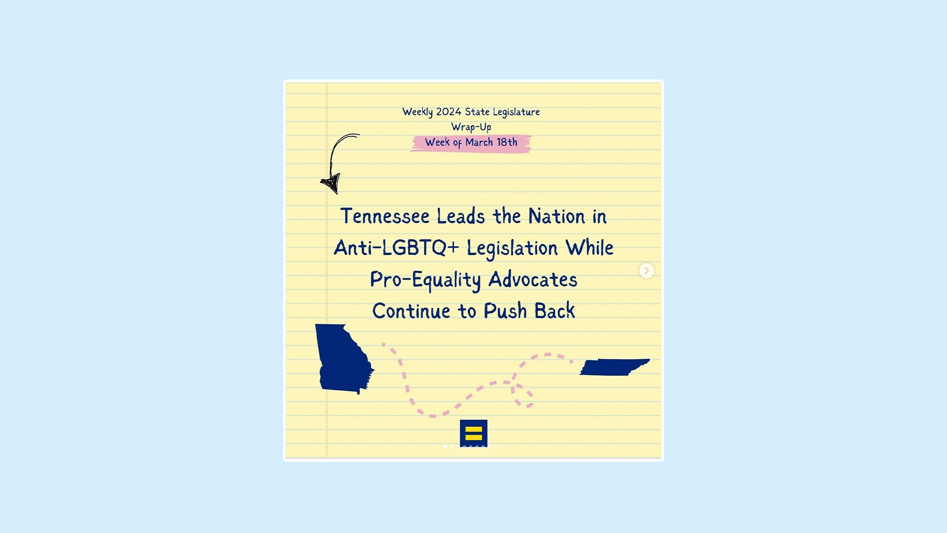 @HumanRightsCampaign | March 26, 2024 | 

Instagram post by @humanrightscampaign explaining dangerous anti-LGBTQ+ bills advancing in the Tennessee state house.