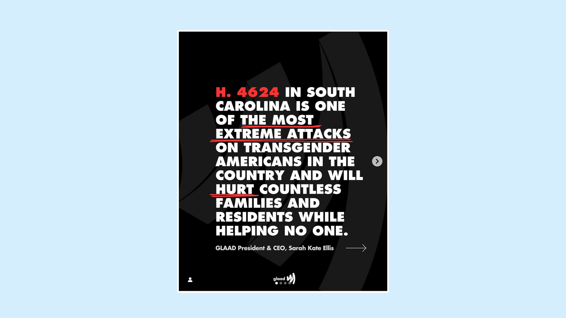 @GLAAD | May 22, 2024 | 

Instagram post by @GLAAD about harmful anti-trans legislation signed into law in South Carolina.