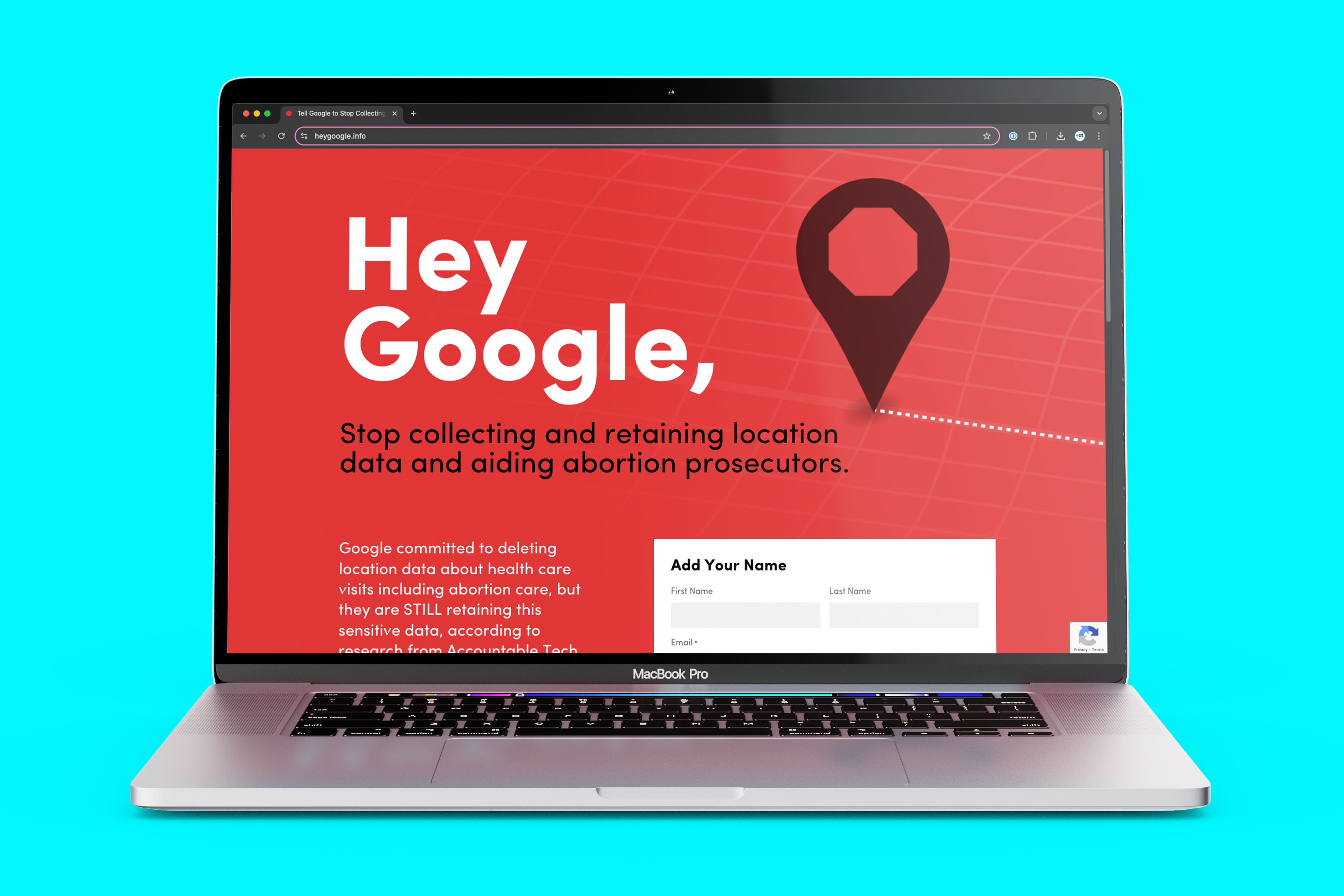 Landing page of the HeyGoogle website. 